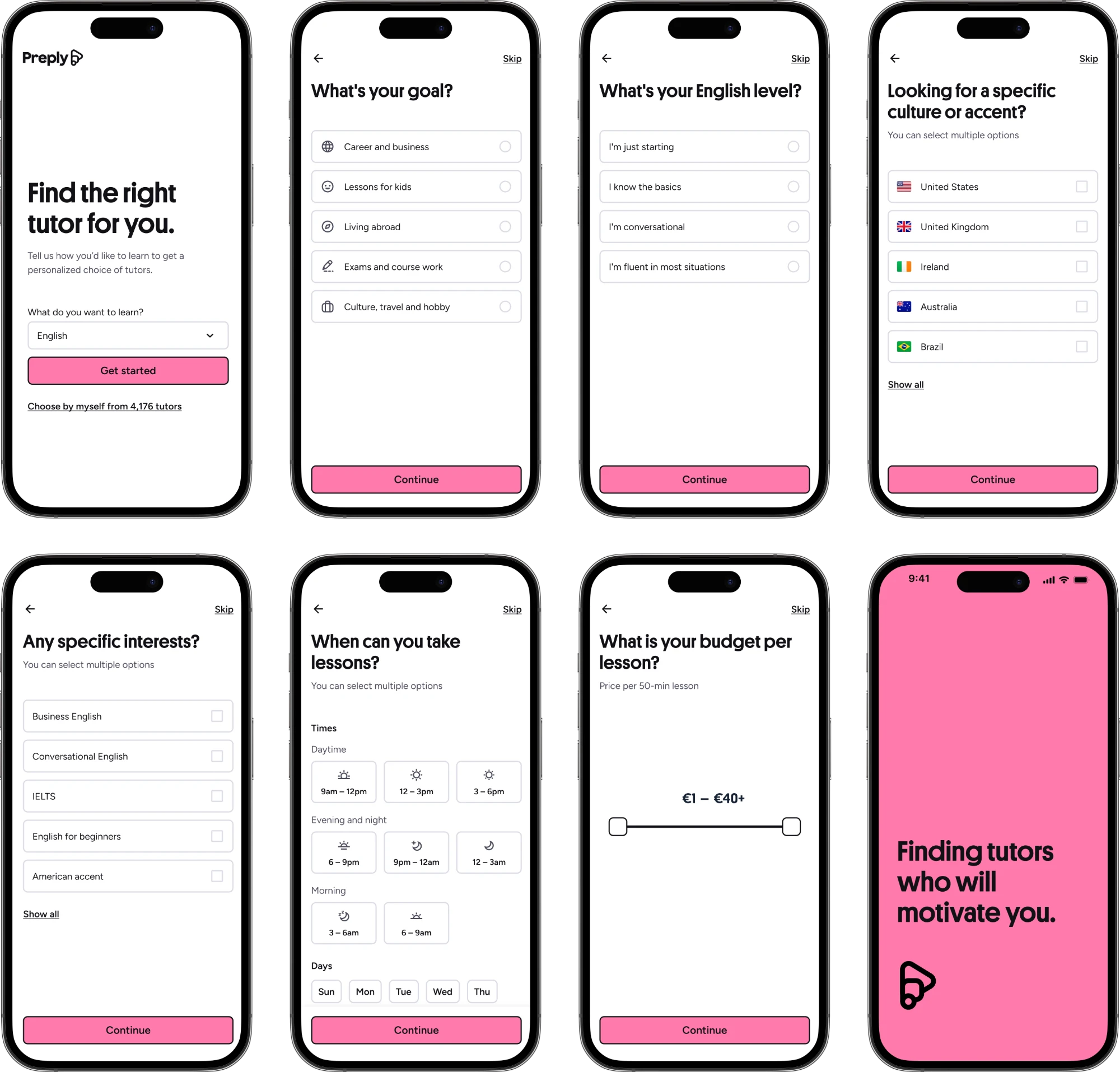 Eight screens from the first proof-of-concept wizard: goal, English level, culture preference, interests, availability, budget and a loading screen.